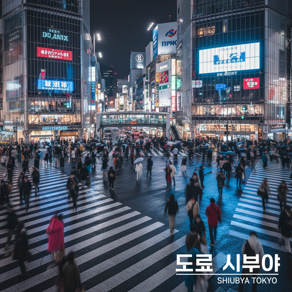 도쿄 시부야 스크램블 교차로의 화려한 야경, 수많은 네온사인 광고판과 횡단보도를 건너는 사람들의 역동적인 궤적을 담은 4K 장노출 사진