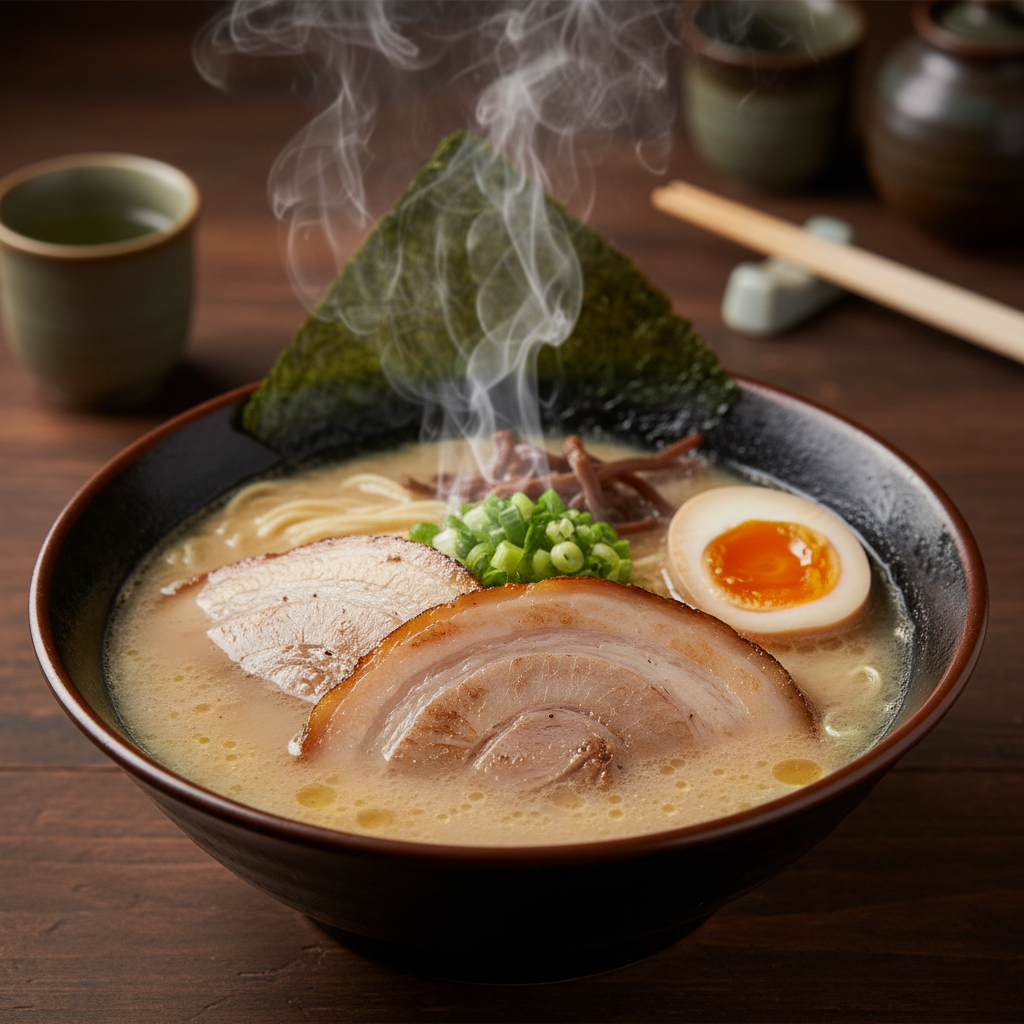 김이 모락모락 나는 정통 일본 돈코츠 라멘의 클로즈업 샷, 차슈의 질감과 진한 국물이 돋보이는 따뜻한 조명 아래의 감성적인 음식 사진